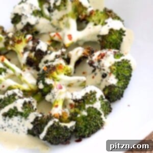 Roasted Broccoli with Creamy Basil Dressing. Broccoli tossed in garlic, cayenne, and baked. Served with cheesy cashew basil sauce. Vegan Gluten-free soy-free Recipe | VeganRicha.com #glutenfree #veganricha #vegan