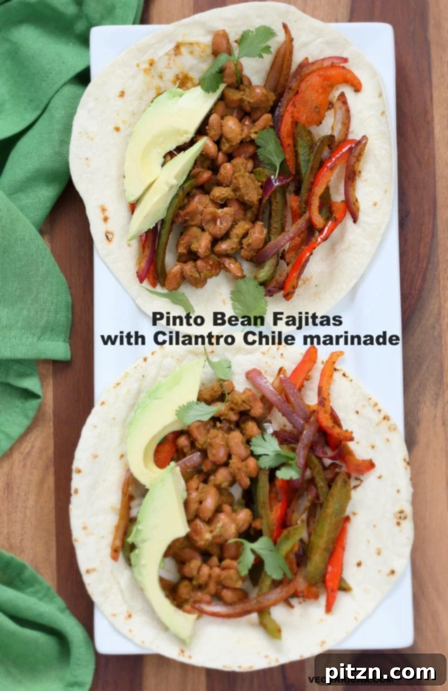 Veggie Pinto Bean Fajita Tacos with Cilantro Chile Marinade. Amazing Fajita Marinade for veggies and Beans to make these Vegetable Fajitas. Easy Vegan Fajitas . Gluten-free Soy-free Vegetarian Fajita Recipe | VeganRicha.com