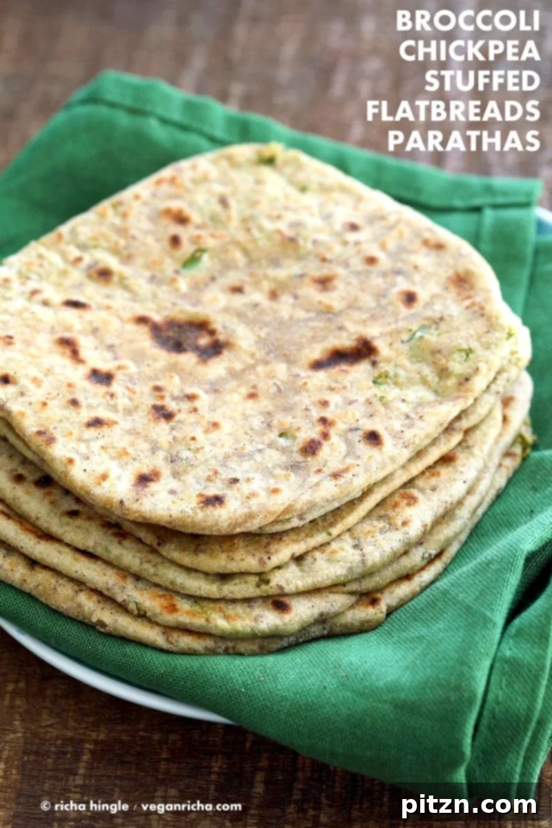 Yeast-Free Broccoli Chickpea Stuffed Parathas 6 Broccoli Chickpea Stuffed Flatbread - Broccoli Paratha. Shredded broccoli, mashed chickpeas and spices stuffed in a paratha flatbread. | Vegan Indian Recipe Soyfree