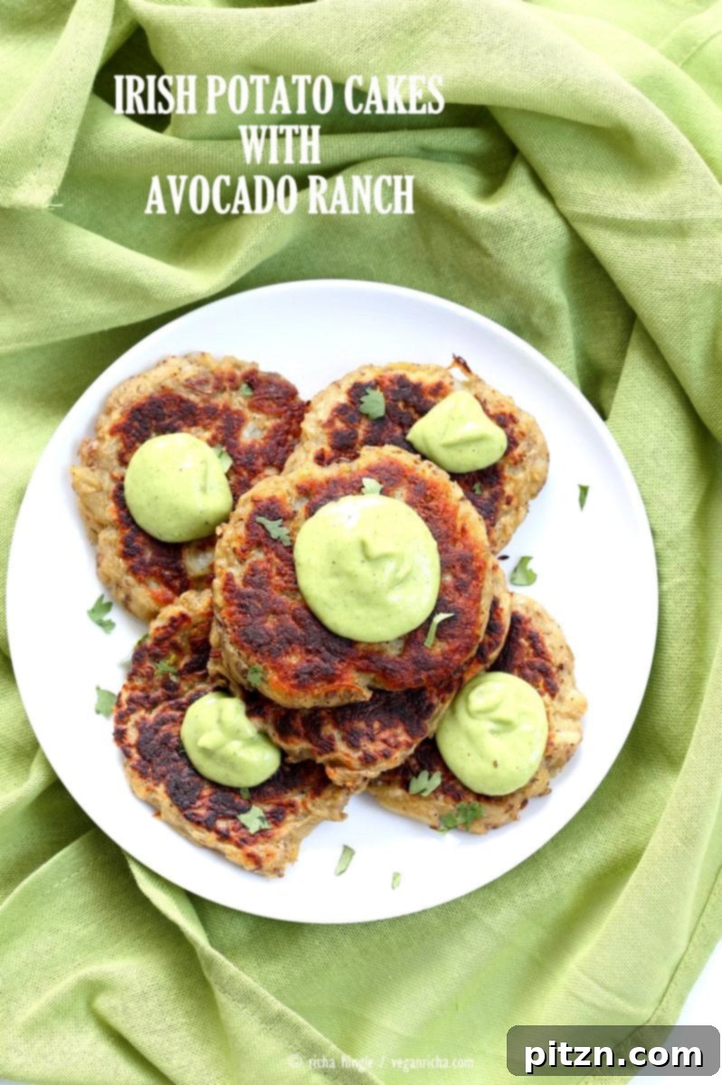 Boxty Irish Potato Cakes with Avocado Basil Ranch 2 Traditional Vegan Irish Boxty Potato Cakes served with a creamy avocado basil ranch dressing, an eggless and soy-free recipe perfect for St. Patrick's Day celebrations.