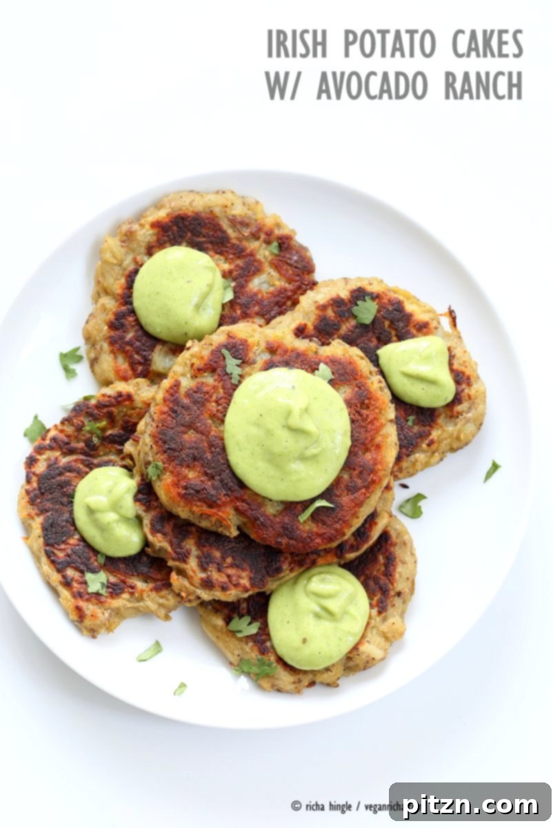 Boxty Irish Potato Cakes with Avocado Basil Ranch 5 Close-up of freshly made Traditional Vegan Irish Boxty Potato Cakes, garnished with vibrant green avocado basil ranch dressing and fresh herbs. A perfect vegan and soy-free appetizer or side dish.