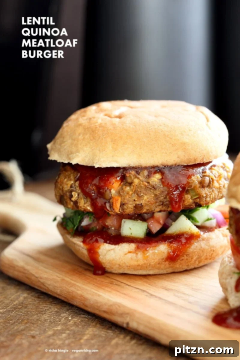 Homestyle Lentil Quinoa Burgers 2 Hearty Lentil Quinoa Meatloaf Burgers served with a fresh salad, topped with a spicy glaze. This vegan and nut-free recipe offers a delicious plant-based burger experience. VeganRicha.com