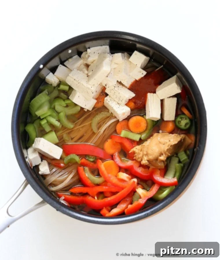Close-up of One Pot Peanut Sauce Noodles with brown rice noodles, colorful vegetables, and creamy sauce, garnished with fresh cilantro, ready to be served. Ideal for a quick vegan meal. | VeganRicha.com