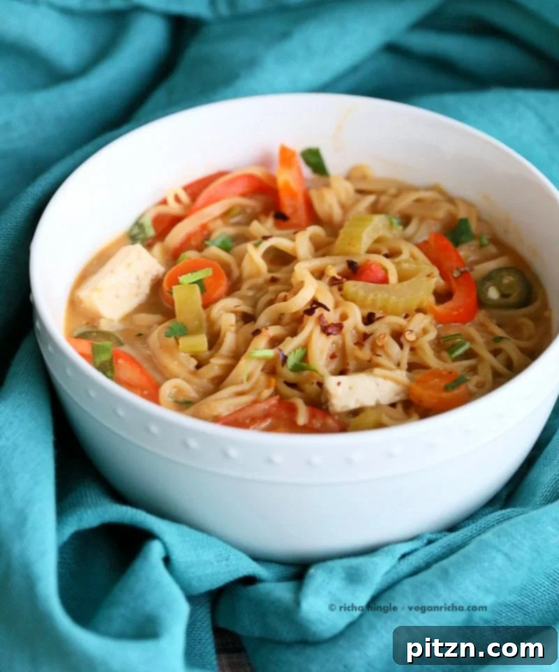 A vibrant bowl of One Pot Peanut Sauce Noodles, showcasing a medley of fresh vegetables and a rich peanut butter sauce, garnished with herbs. Perfect for a quick, healthy, and delicious vegan weeknight meal. | VeganRicha.com