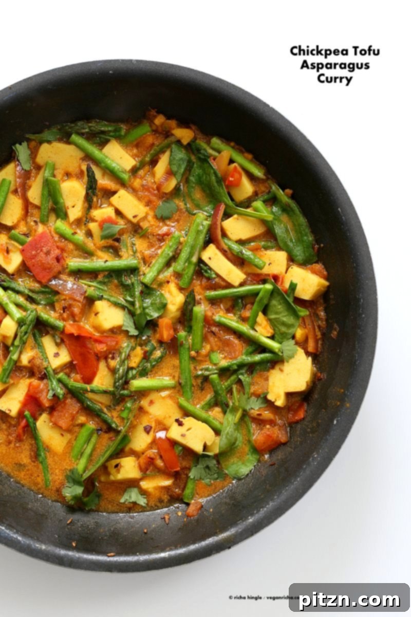 Blooming Flavors: 45 Vegan Spring Recipes 3 Easy Asparagus Curry with Chickpea Tofu and Indian Spices and tomato sauce. Indian Vegan Gluten-free Soy-free Recipe. Serve with Rice or flatbread. | VeganRicha.com