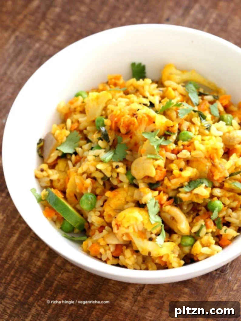 Blooming Flavors: 45 Vegan Spring Recipes 5 Vegetable Carrot Fried Rice with Indian spices. Carrot Veggie Brown Rice Pilaf. Colorful flavorful side for Easter or Holidays. Vegan Glutenfree Soyfree Recipe | VeganRicha.com