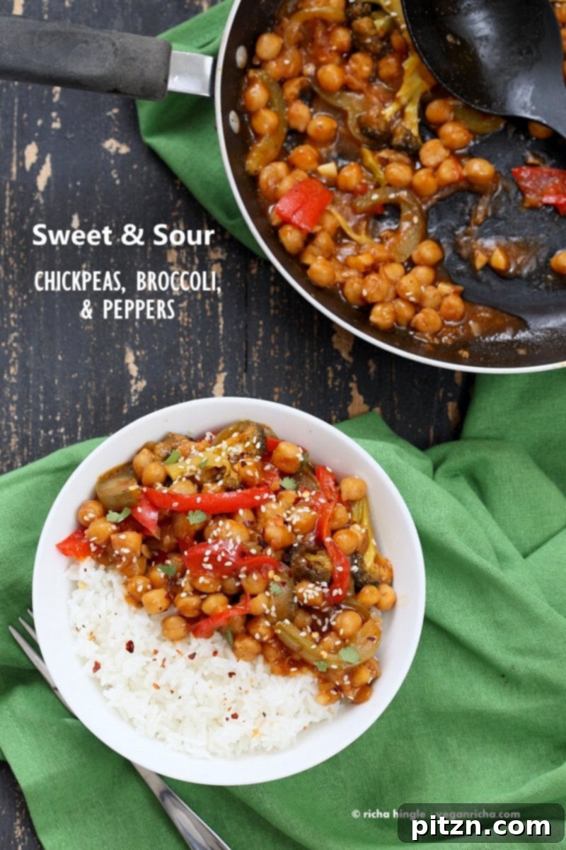 Blooming Flavors: 45 Vegan Spring Recipes 7 Sweet and Sour Chickpeas, Peppers, and Broccoli. Easy Weeknight One Pot Protein filled Meal. | VeganRicha.com #vegan #glutenfree #chickpeas #recipe