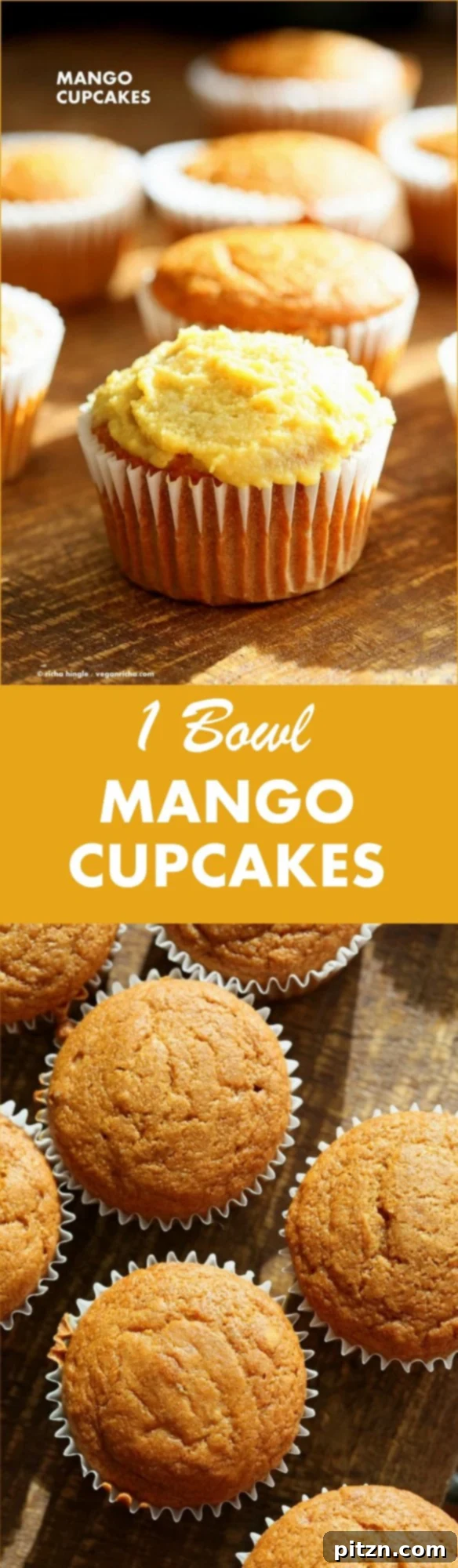 Luscious One-Bowl Vegan Mango Cupcakes 4 Assorted One Bowl Vegan Mango Cupcakes, some frosted, some plain, arranged for a delicious display.