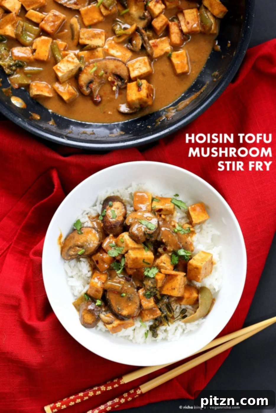 Hoisin Tofu Mushroom Stir Fry with homemade Hoisin Sauce. Easy Weeknight Meal with crisped Tofu, crimini mushrooms, broccoli, peppers in from scratch Hoisin sauce. Serve over cooked grains. Vegan Gluten-free Recipe. | VeganRicha.com