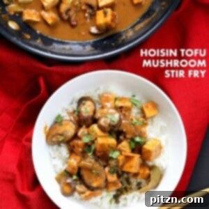 Hoisin Tofu Mushroom Stir Fry with homemade Hoisin Sauce. Easy Weeknight Meal with crisped Tofu, golden mushrooms, broccoli, peppers in from scratch Hoisin sauce. Serve over cooked grains. Vegan Gluten-free Recipe. | VeganRicha.com #glutenfree #veganricha #vegan