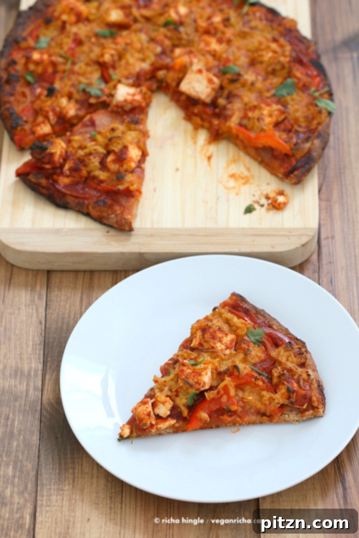 Fiery Vegan Sriracha BBQ Tofu Pizza with Zesty Pepper Jack on Spelt Crust 8 Full view of Vegan BBQ Tofu Almond Milk Pepper Jack Cheese Pizza.