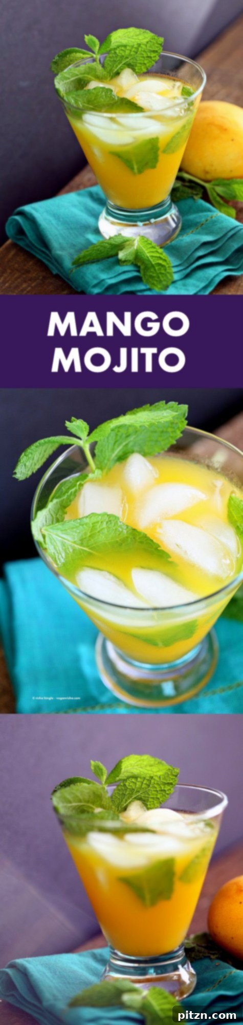 Three tall glasses of mango mojito, garnished with mint and lime, ready to be served. A perfect refreshing summer beverage for any occasion, suitable for vegan diets.
