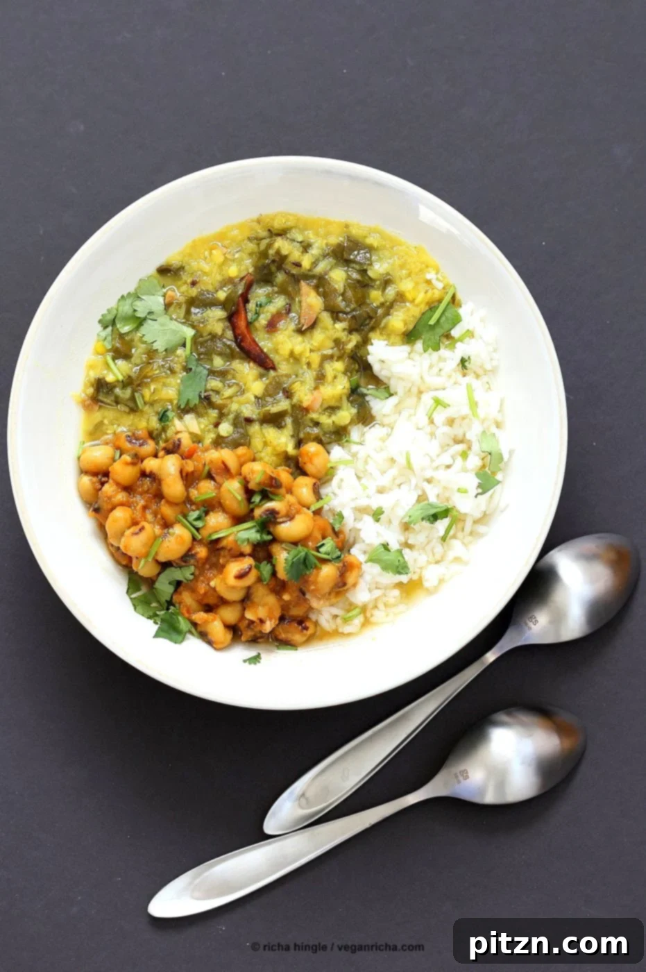 Spiced Lentil Chard Soup - Hariyali Dal. Creamy Red Lentils Cooked with Chard or other greens, tempered with whole spices. Easy weeknight Dahl. Vegan Gluten-free Soy-free Recipe | VeganRicha.com