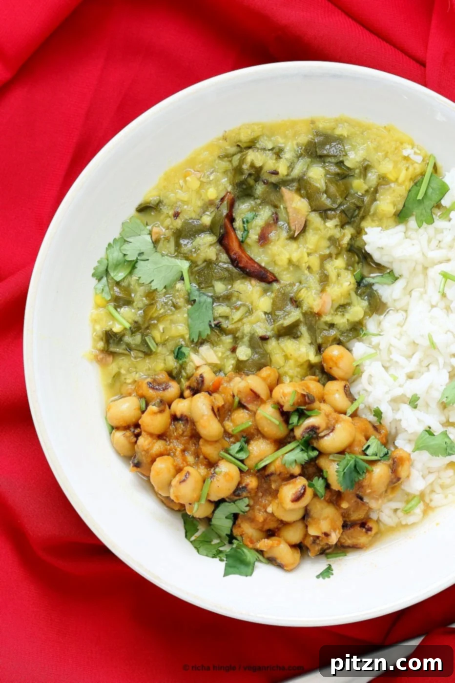 Spiced Lentil Chard Soup - Hariyali Dal. Creamy Red Lentils Cooked with Chard or other greens, tempered with whole spices. Easy weeknight Dahl. Vegan Gluten-free Soy-free Recipe | VeganRicha.com