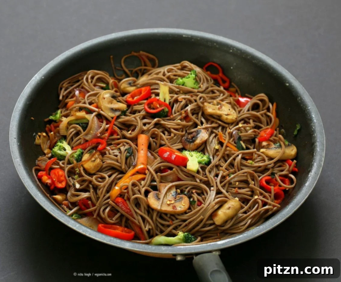 Easy Vegan Lo Mein with Soba Noodles. Ready in 20 minutes. Clean out the fridge Veggie Lo Mein Recipe with Soba Wheat Noodles. Use any noodles of choice. Vegan Nut-free Recipe. | VeganRicha.com