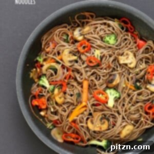 Easy Vegan Lo Mein with Soba Noodles. Ready in 20 minutes. Clean out the fridge Veggie Lo Mein Recipe with Soba Wheat Noodles. Use any noodles of choice. Vegan Nut-free Recipe. | VeganRicha.com #glutenfree #veganricha #vegan