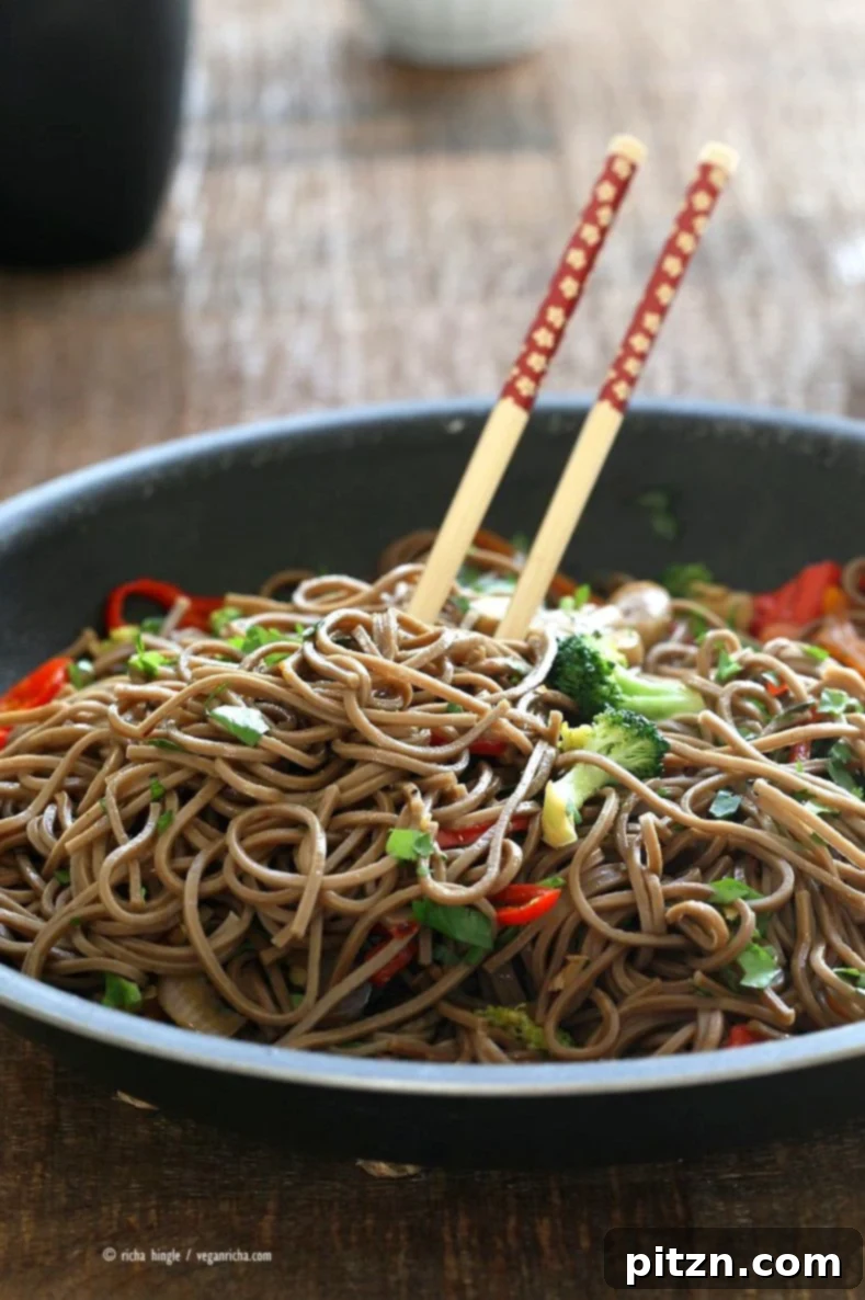 Easy Vegan Lo Mein with Soba Noodles. Ready in 20 minutes. Clean out the fridge Veggie Lo Mein Recipe with Soba Wheat Noodles. Use any noodles of choice. Vegan Nut-free Recipe. Easily made gluten-free with buckwheat or other gf noodles.| VeganRicha.com