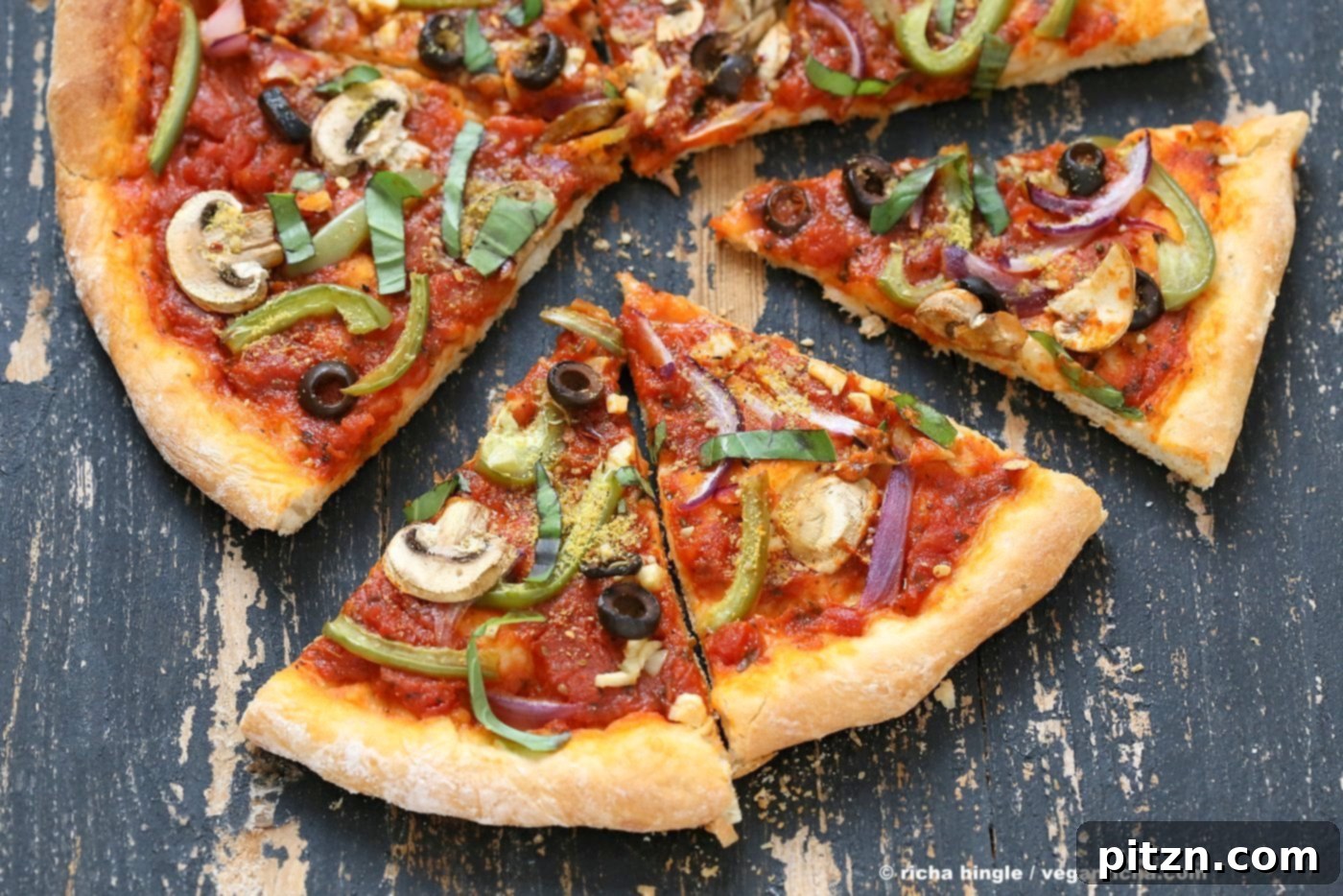 Effortless Vegan Vegetable Pizza with 20 Minute Crust 3 Easy Veggie Vegan Pizza with 20 minute Almost No Knead Crust! Pizza Sauce, Veggies, Mushrooms, Kalamata Olives baked to perfection. Dressed with Vegan Parmesan and fresh basil. Vegan Soy-free Recipe. Can be Nut-free | VeganRicha.com