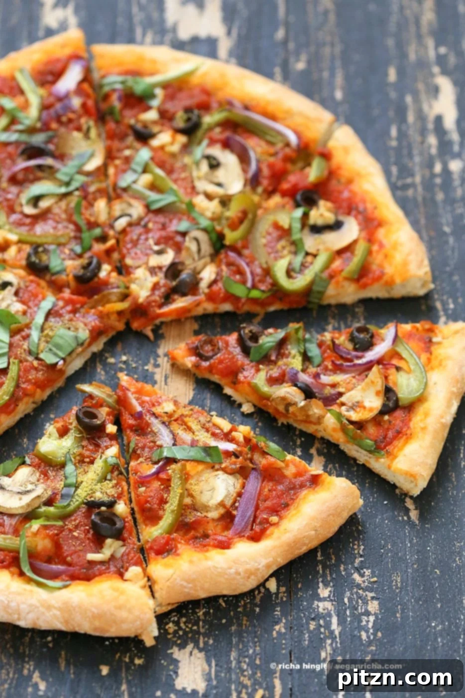 Effortless Vegan Vegetable Pizza with 20 Minute Crust 4 Easy Veggie Vegan Pizza with 20 minute Almost No Knead Crust! Pizza Sauce, Veggies, Mushrooms, Kalamata Olives baked to perfection. Dressed with Vegan Parmesan and fresh basil. Vegan Soy-free Recipe. Can be Nut-free | VeganRicha.com
