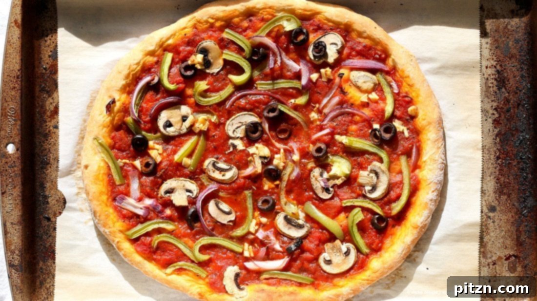 Effortless Vegan Vegetable Pizza with 20 Minute Crust 5 Easy Veggie Vegan Pizza with 20 minute Almost No Knead Crust! Pizza Sauce, Veggies, Mushrooms, Kalamata Olives baked to perfection. Dressed with Vegan Parmesan and fresh basil. Vegan Soy-free Recipe. Can be Nut-free | VeganRicha.com