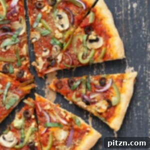 Effortless Vegan Vegetable Pizza with 20 Minute Crust 6 Easy Veggie Vegan Pizza with 20 minute Almost No Knead Crust! Pizza Sauce, Veggies, Mushrooms, Kalamata Olives baked to perfection. Dressed with Vegan Parmesan and fresh basil. Vegan Soy-free Recipe. Can be Nut-free | VeganRicha.com #glutenfree #veganricha #vegan