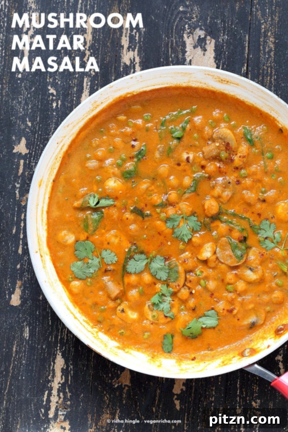 Mushroom Matar Masala. Mushrooms and Peas in creamy tomato sauce. Easy Mushroom Masala Recipe. Vegan Gluten-free Soy-free.