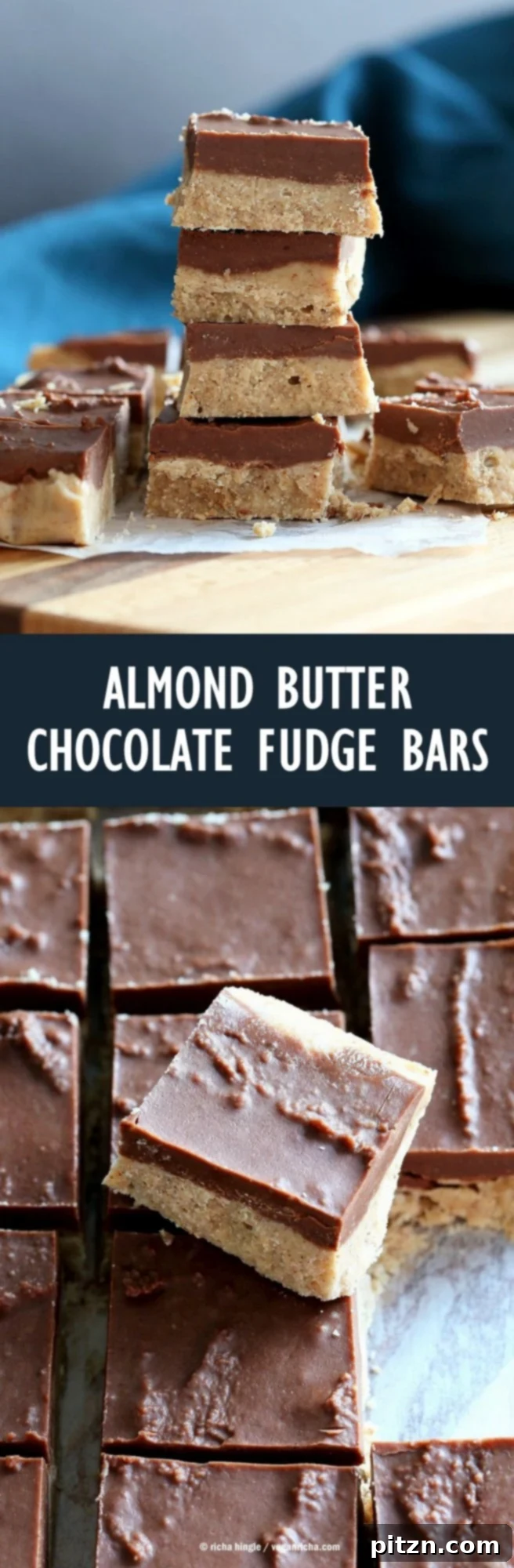 Decadent Chocolate Almond Butter Fudge Bars 3 Close-up shot of two-layered Chocolate Almond Butter Fudge Bars, highlighting the creamy texture. This easy vegan fudge is made with just 3 main ingredients and is perfect for gluten-free and soy-free diets.