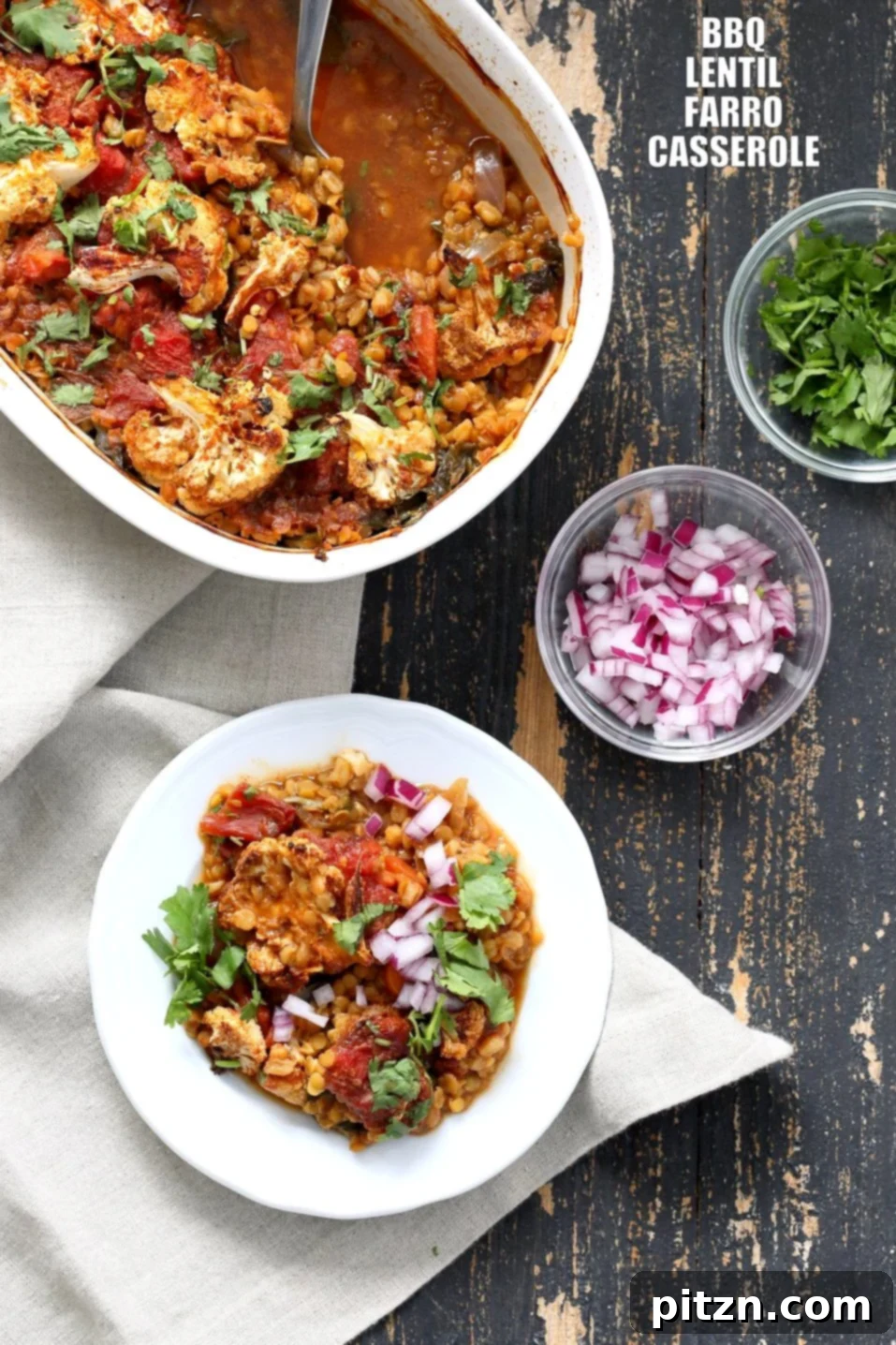 Smoky BBQ Lentil Farro Cauliflower Bake 2 Delicious BBQ Lentil Farro Cauliflower Casserole, a vibrant vegan and nut-free dish perfect for hearty meals. Easily adaptable for soy-free and gluten-free diets.