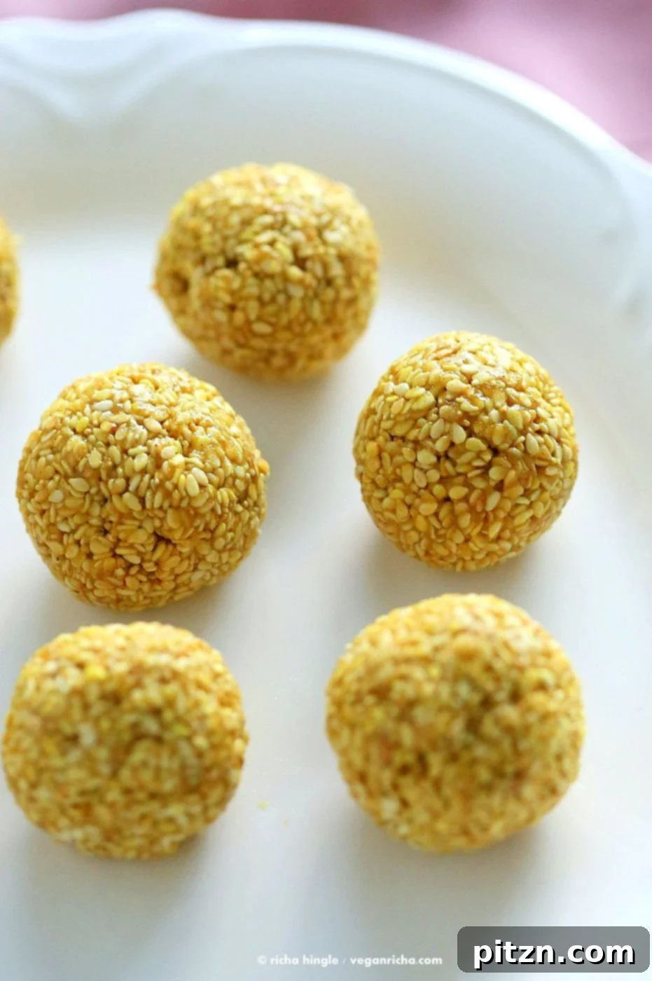 Crispy Golden Sesame Balls 3 Golden Sesame Balls: Turmeric Toasted Sesame Balls with Cinnamon and Cardamom. A simple, 5-ingredient vegan, gluten-free, and nut-free snack or protein bar recipe from VeganRicha.com