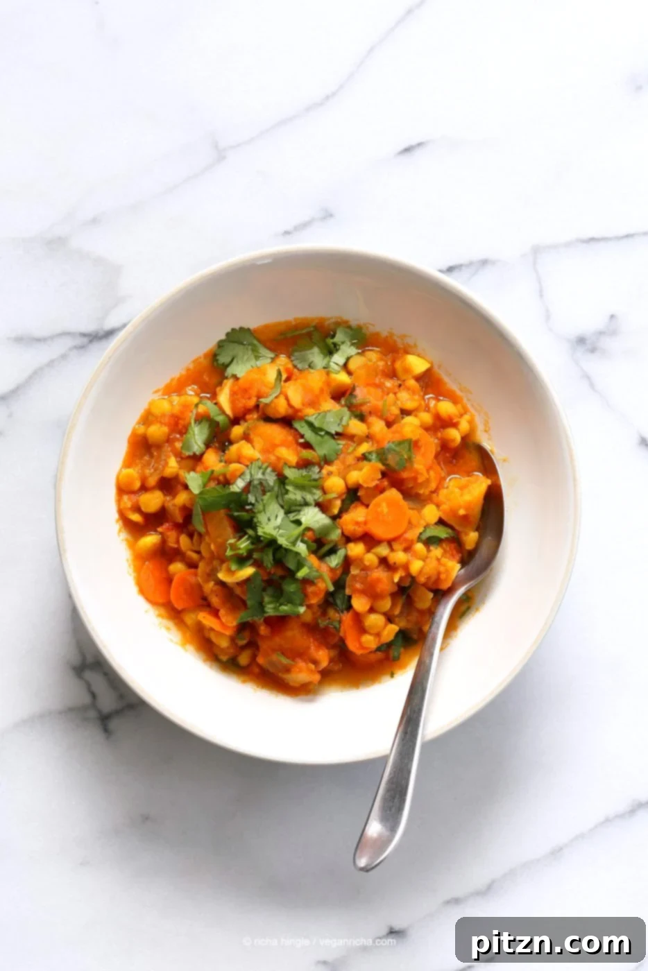 Chana Dal Veggie Carrot Soup. Easy Split Pea Soup with veggies. 1 Pot ready within 45 minutes. Use split chickpeas (Chana Dal) or other split peas or lentils. Vegan Gluten-free Soy-free Recipe | VeganRicha.com