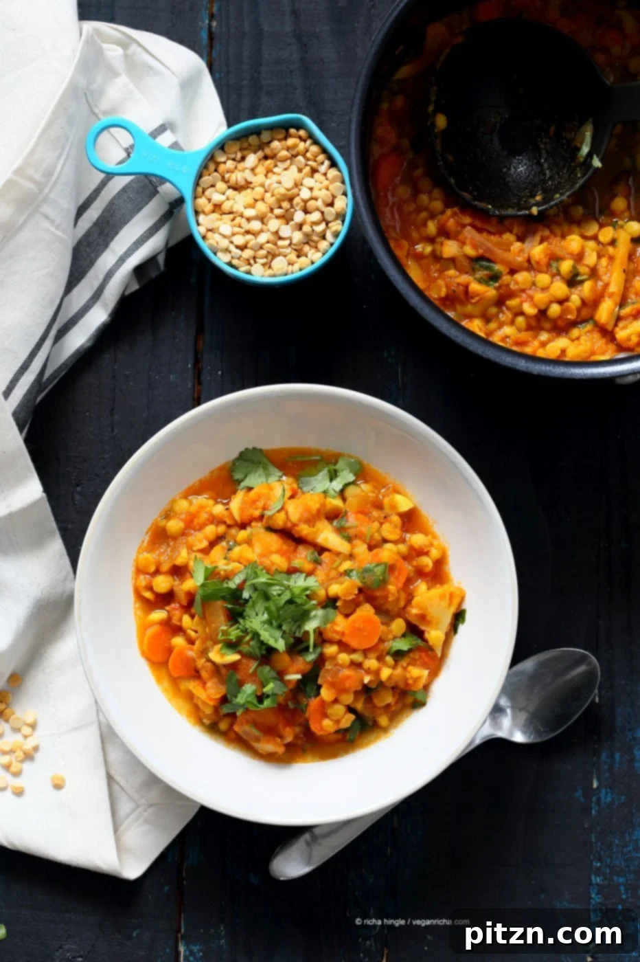 Chana Dal Veggie Carrot Soup. Easy Split Pea Soup with turmeric, spices, carrots, cauliflower, butternut squash. 1 Pot ready within 45 minutes. Use split chickpeas (Chana Dal) or other split peas or lentils. Vegan Gluten-free Soy-free Recipe | VeganRicha.com