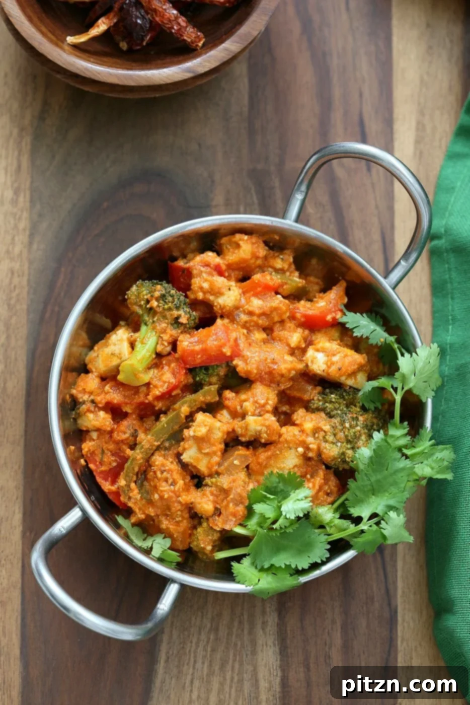 Kadai Tofu and Bell Peppers, a delicious vegan Indian recipe, made with hemp tofu in a rich tomato and almond sauce, ideal for a gluten-free and soy-free diet.