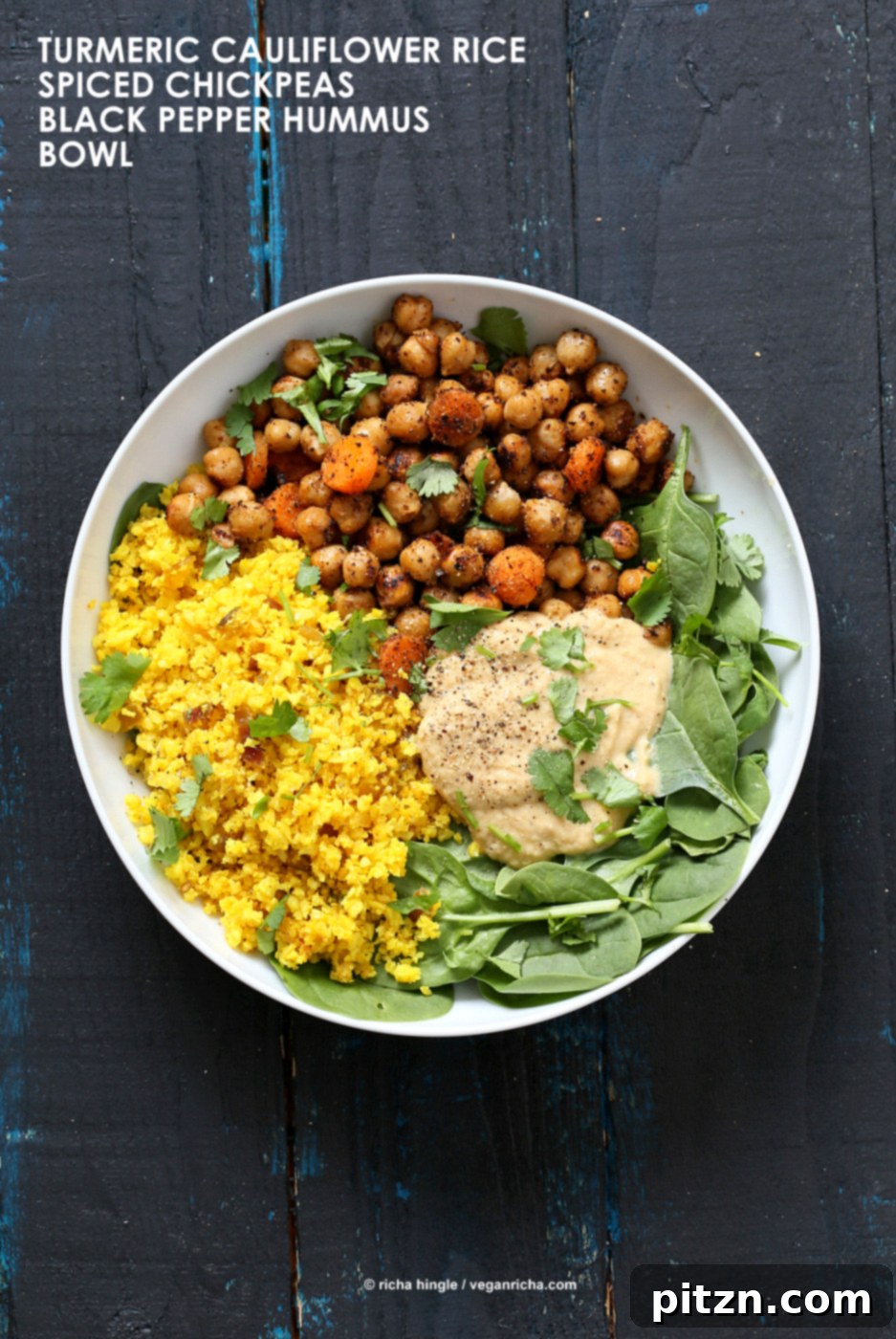 Spiced Golden Buddha Bowl with Pepper Hummus 4 Turmeric Cauliflower Rice, Spiced Chickpeas or lentils, Black pepper hummus and Greens bowl. Amazing Flavors for any meal. Ready within 25 minutes. Vegan Gluten-free Soy-free Recipe | VeganRicha.com