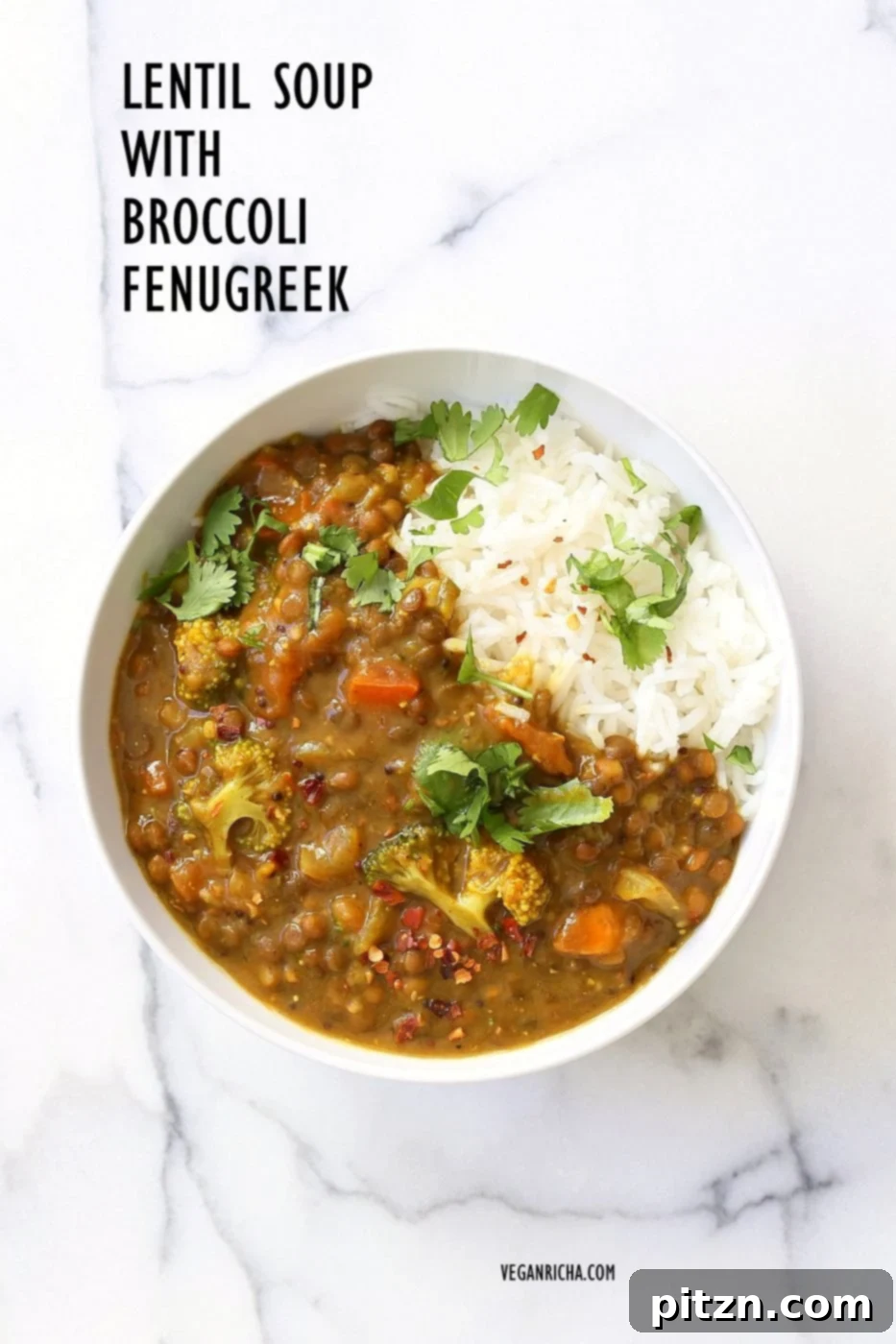 Rich Brown Lentil Soup with Broccoli, Turmeric, Fenugreek, and Black Pepper. A comforting, warming, and healthy winter dal that is vegan, gluten-free, and soy-free. Perfect for detox and healing.
