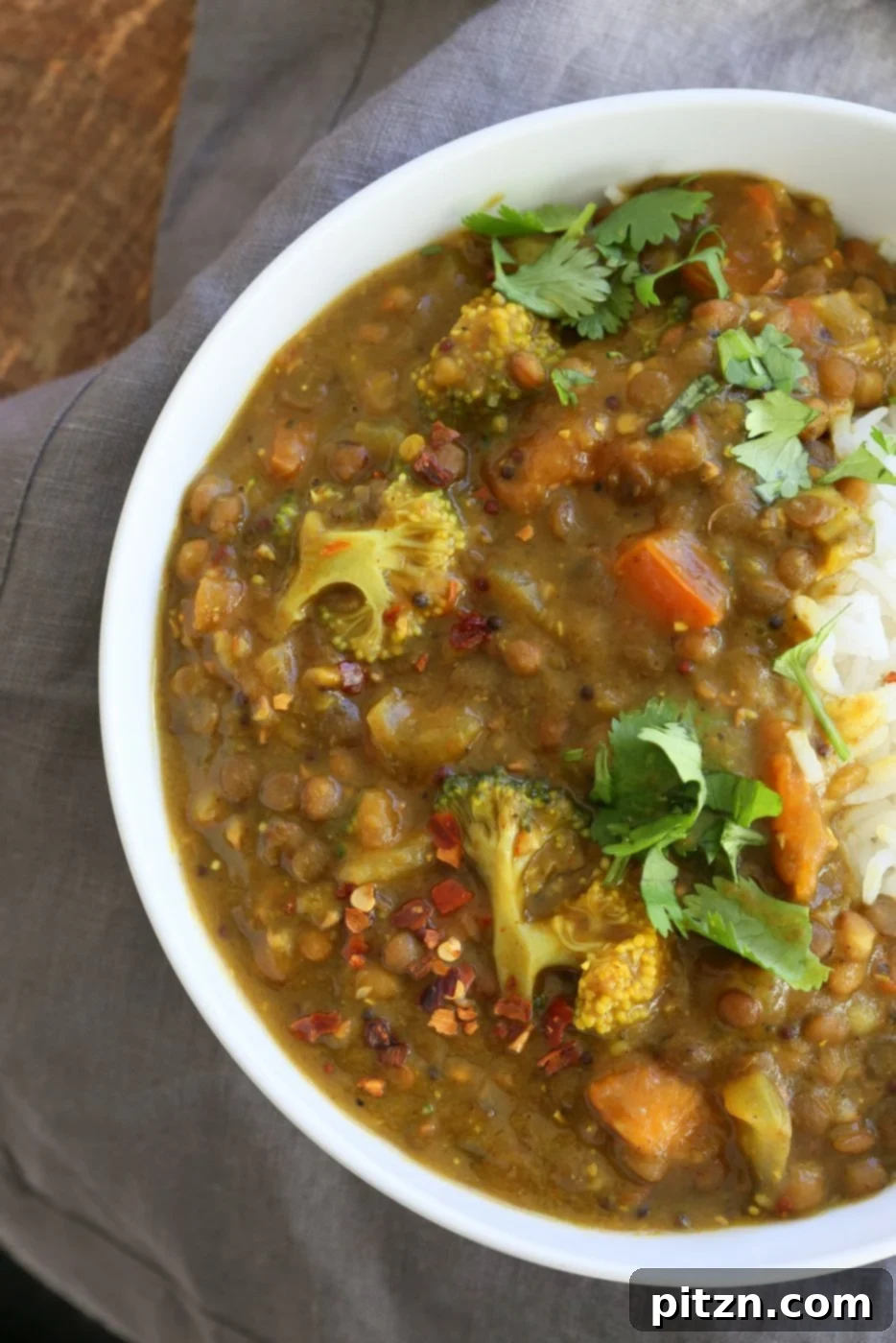 Delicious and healthy Brown Lentil Soup with Broccoli, Turmeric, Fenugreek, and Black Pepper. A comforting vegan, gluten-free, and soy-free winter dal recipe for a healing and detoxifying meal.