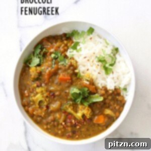 Brown Lentil Soup with Broccoli, Turmeric, Fenugreek, and Black Pepper. A hearty and healthy vegan, gluten-free, and soy-free dal recipe.