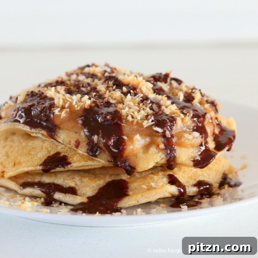 Indulgent Vegan Samoa Pancakes: Salted Date Caramel, Toasted Coconut, Chocolate Bliss 3 Samoa Cookie Pancakes | Vegan Richa