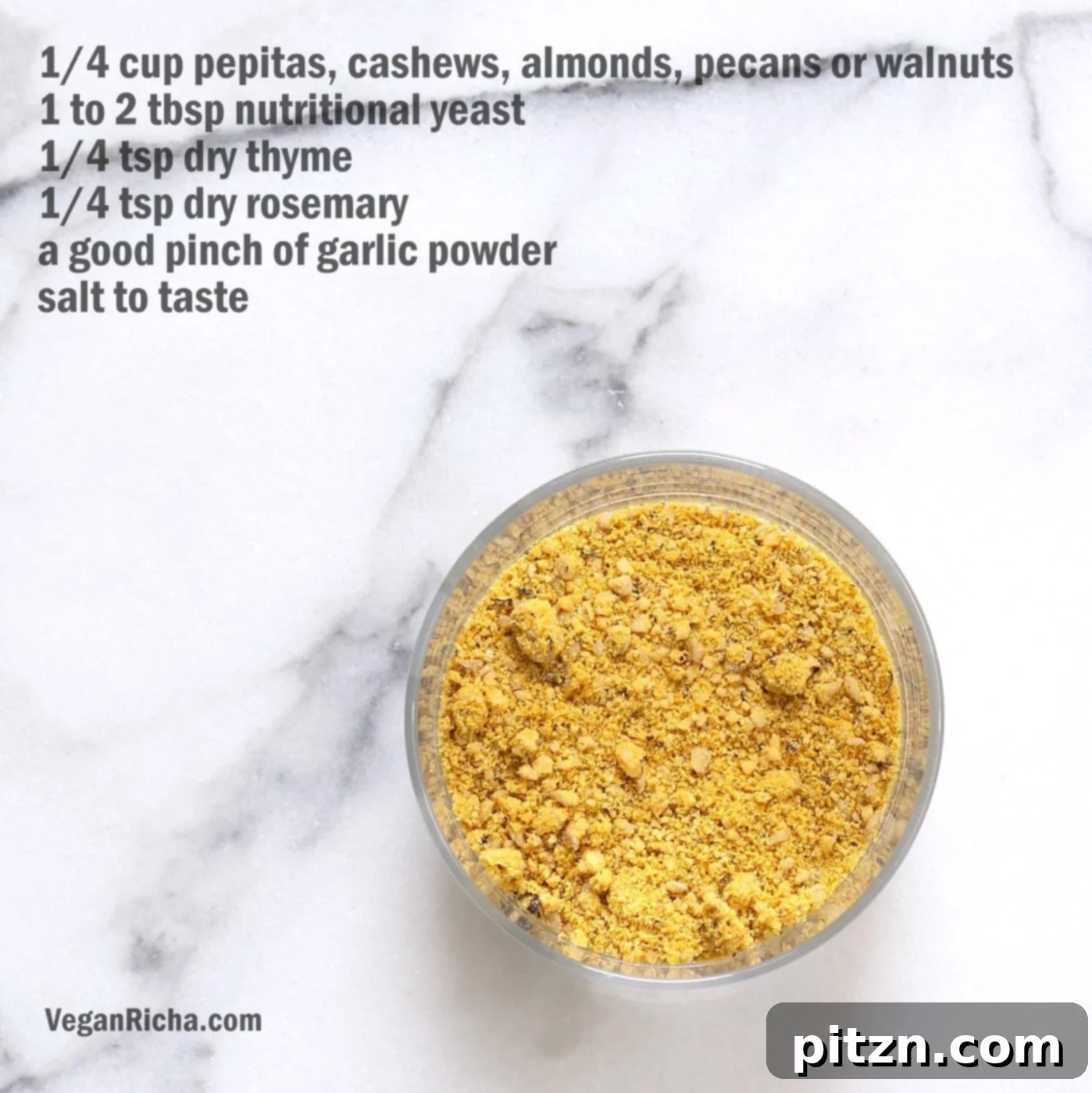 How to make Vegan Parmesan Cheese. Use Cashews, Pecans or Pepitas to make Dairy-free Parmesan cheese. Nut-free Vegan Parmesan Recipe. | VeganRicha.com