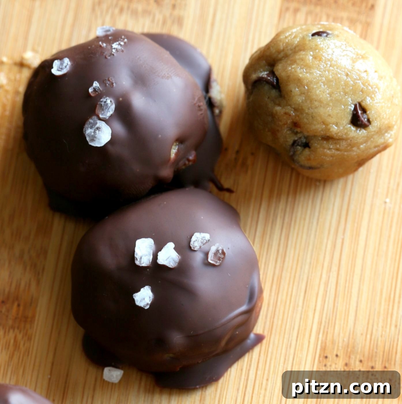 Plant-Powered Gluten-Free Cookie Dough Truffles 3 Cookie Dough Truffles. Fudgy Cookie dough coated in melted chocolate and topped with coarse sea salt. Vegan Gluten-free Recipe | VeganRicha.com