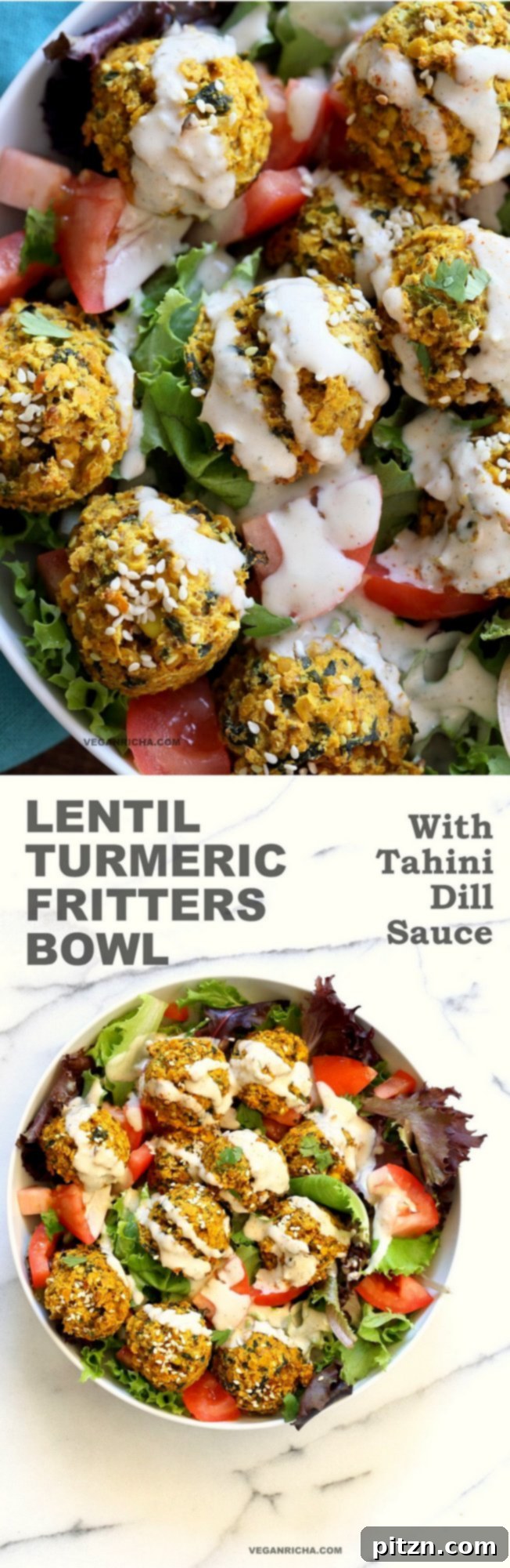 Turmeric Lentil Fritters Tomato Greens Bowl with Tahini Dill Sauce. Baked Seedy Golden Lentil fritters with greens, tomatoes and a tahini sauce make an easy Lunch bowl. #Vegan #Nutfree #Soyfree #Recipe. Easily #Glutenfree #veganricha | VeganRicha.com