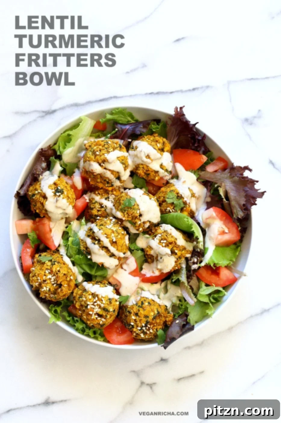 Turmeric Lentil Fritters Tomato Greens Bowl with Tahini Dill Sauce. Baked Seedy Golden Lentil fritters with greens, tomatoes and a tahini sauce make an easy Lunch bowl. #Vegan #Nutfree #Soyfree #Recipe. Easily #Glutenfree #veganricha | VeganRicha.com