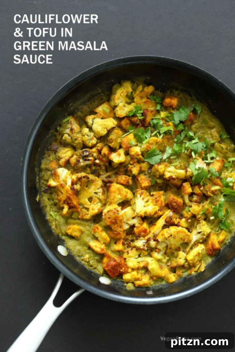 Spiced Cauliflower and Tofu in Green Masala Sauce. Baked Cauliflower and Tofu in green cilantro sauce. The sauce paste can be made ahead and stored. Vegan Gluten-free Nut-free Recipe. Can be soy-free with chickpea tofu or chickpeas or beans or other veggies. | VeganRicha.com