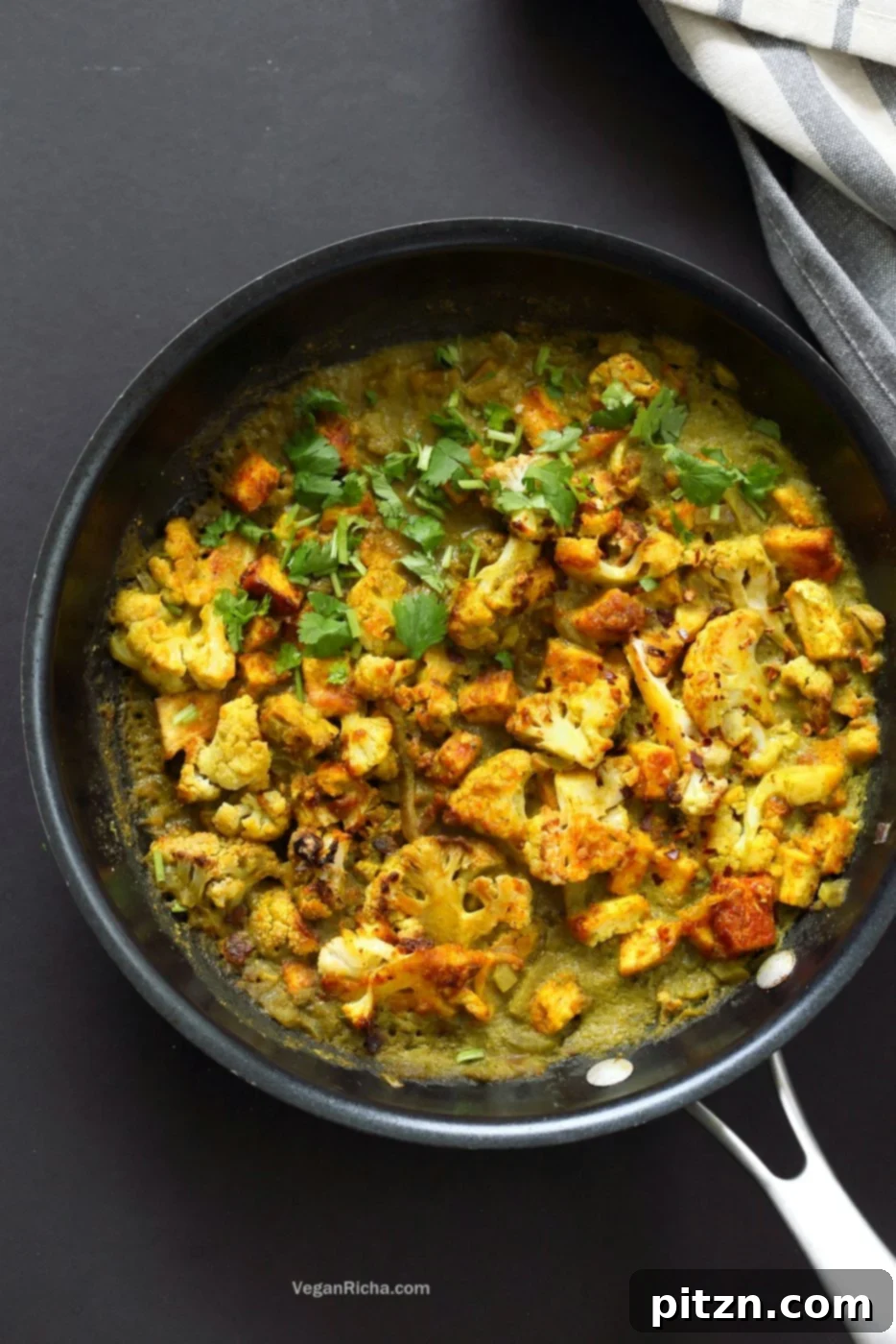Spiced Cauliflower and Tofu in Green Masala Sauce. Baked Cauliflower and Tofu in green cilantro sauce. The sauce paste can be made ahead and stored. Vegan Gluten-free Nut-free Recipe. Can be soy-free with chickpea tofu or chickpeas or beans or other veggies. | VeganRicha.com