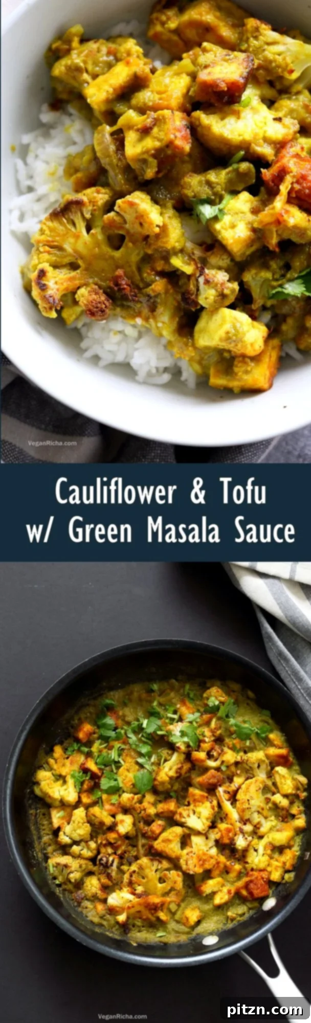 Verdant Masala Tofu Cauliflower Curry 7 Spiced Cauliflower and Tofu in Green Masala Sauce. Baked Cauliflower and Tofu in green cilantro sauce. The sauce paste can be made ahead and stored. Vegan Gluten-free Nut-free Recipe. Can be soy-free with chickpea tofu or chickpeas or beans or other veggies. | VeganRicha.com