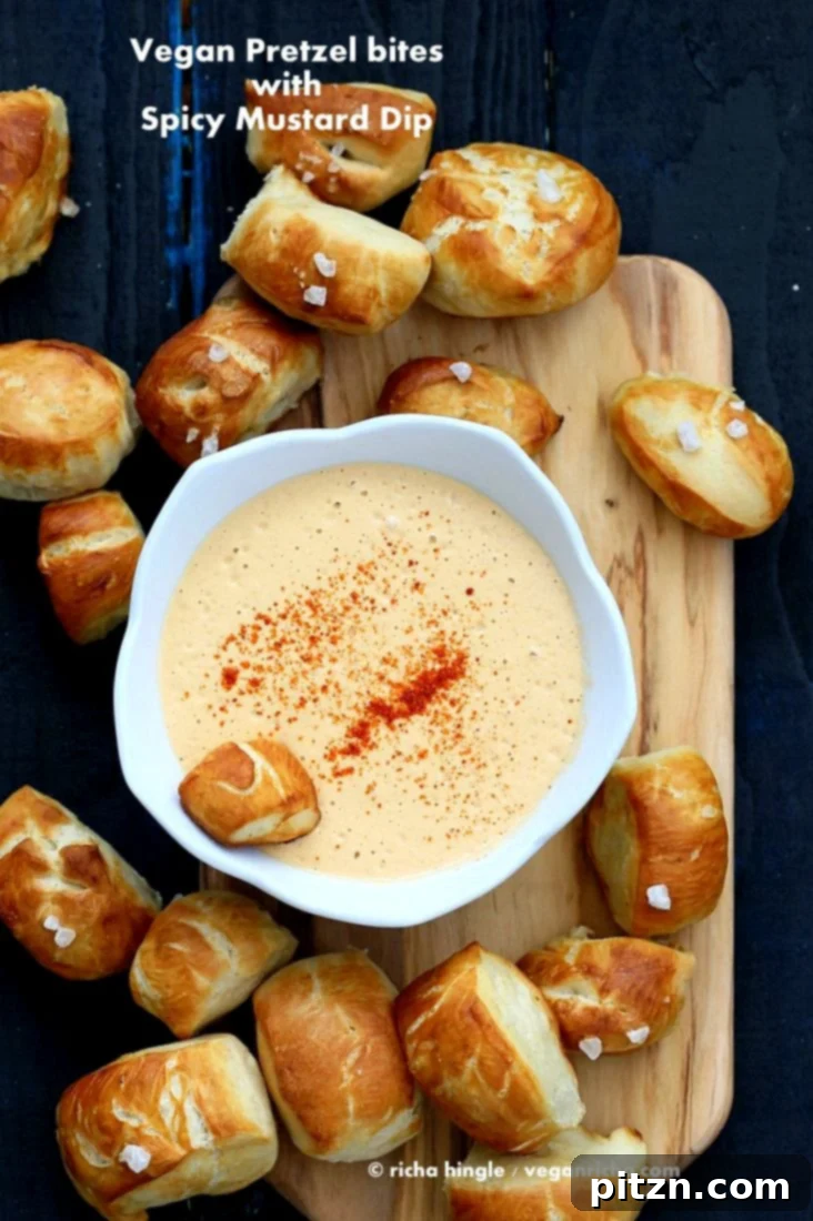 Easy Vegan Pretzel Bites served with a zesty Spicy Mustard Dip. A perfect snack or appetizer by VeganRicha.com.