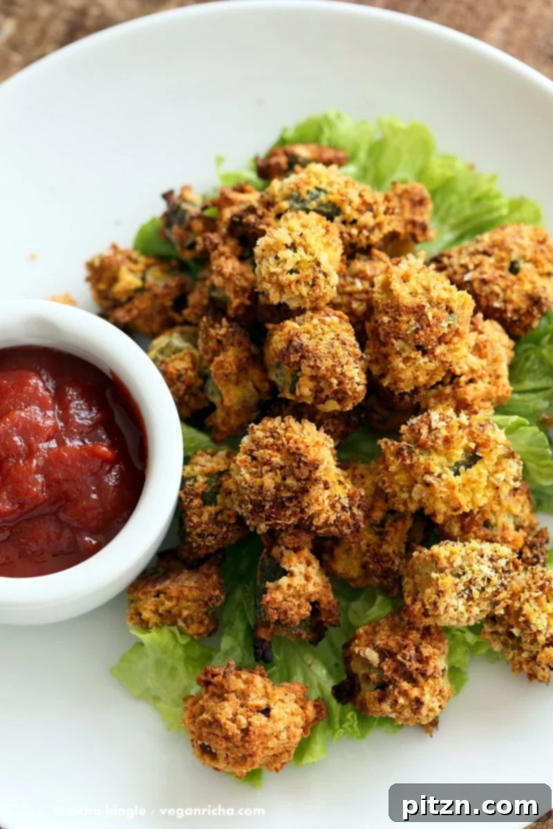 Crispy Baked Vegan Popcorn Okra, a healthy and delicious snack. | VeganRicha.com