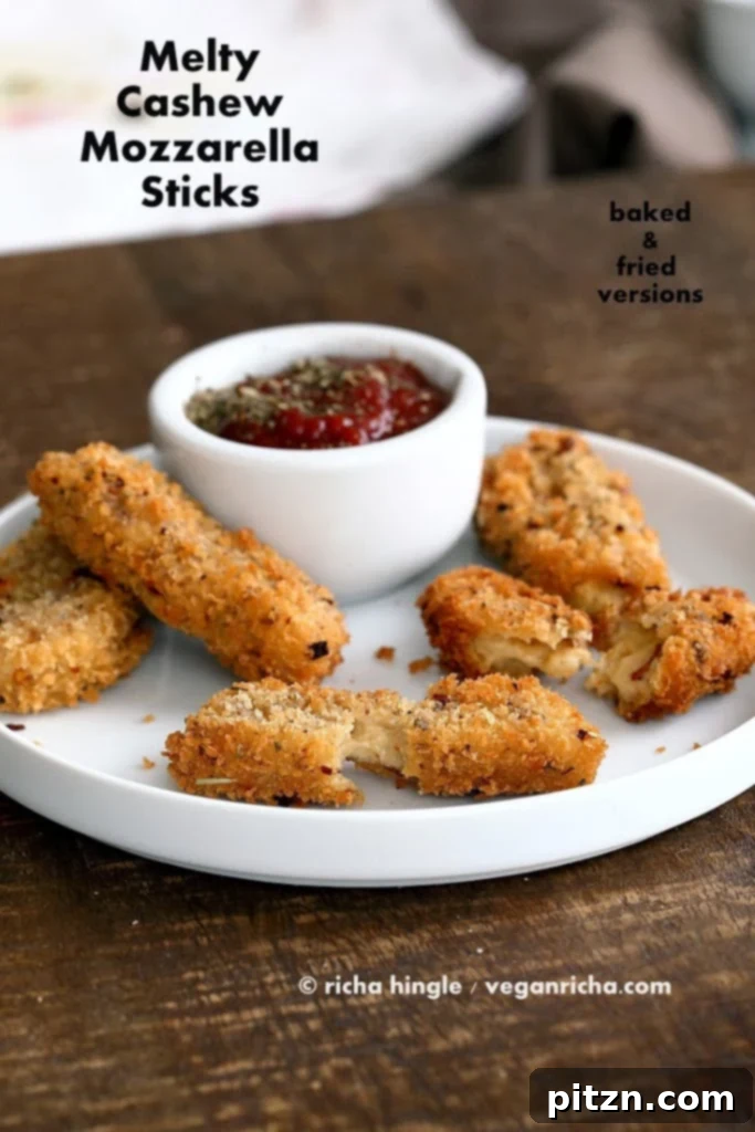 Vegan Cashew Mozzarella made into delicious Mozzarella Sticks. Choose to bake or fry for a perfect dairy-free appetizer. | VeganRicha.com