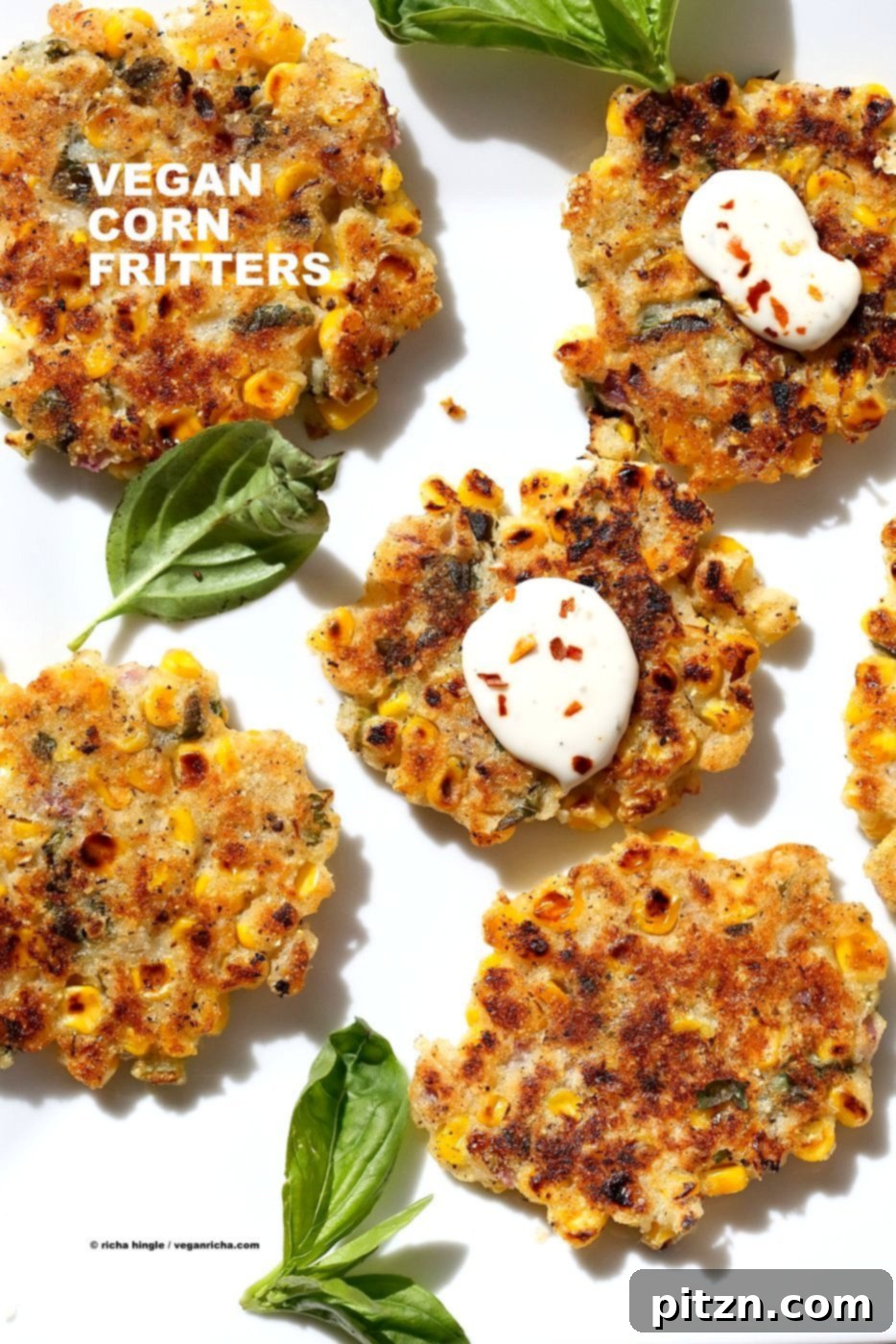 Delicious Basil Jalapeno Corn Fritters: Easy, gluten-free, and vegan with black pepper. Perfect with ketchup, vegan ranch, or chutney. Soy-free recipe by VeganRicha.com.