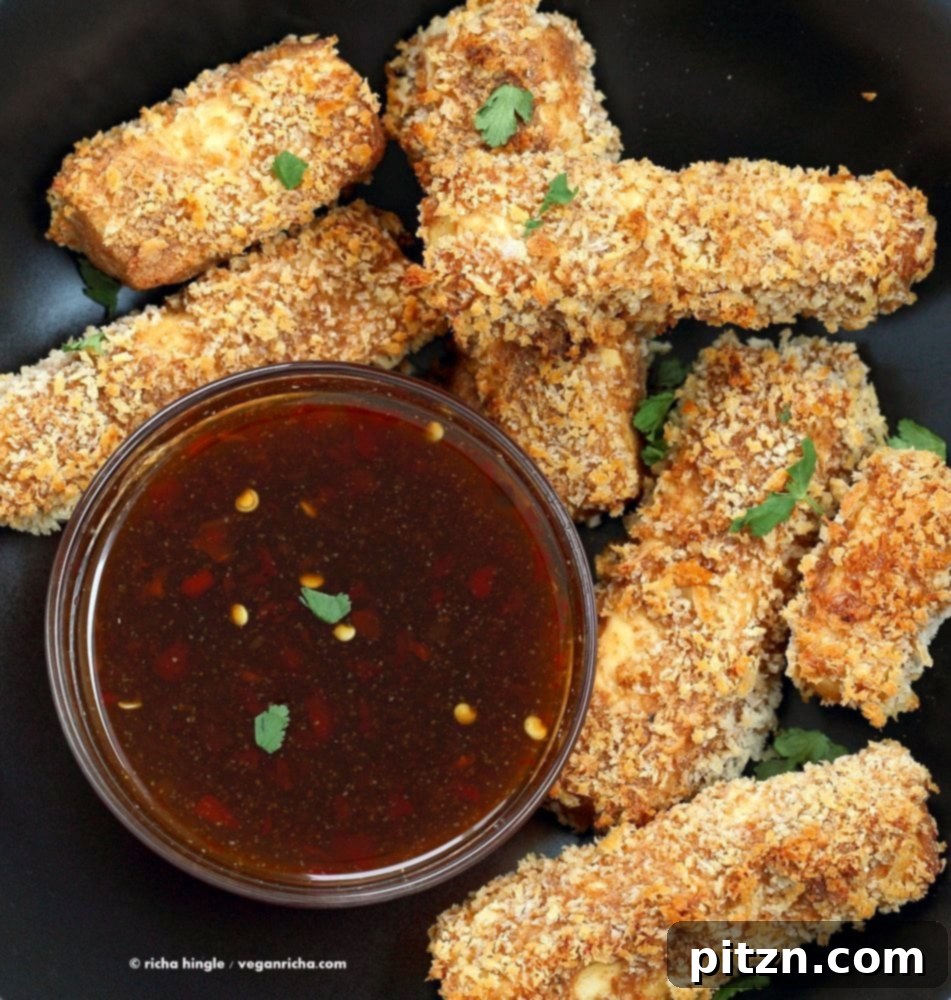 Crispy Tofu Fingers served with a delectable sweet dipping sauce. A delicious vegan appetizer or snack by VeganRicha.com.