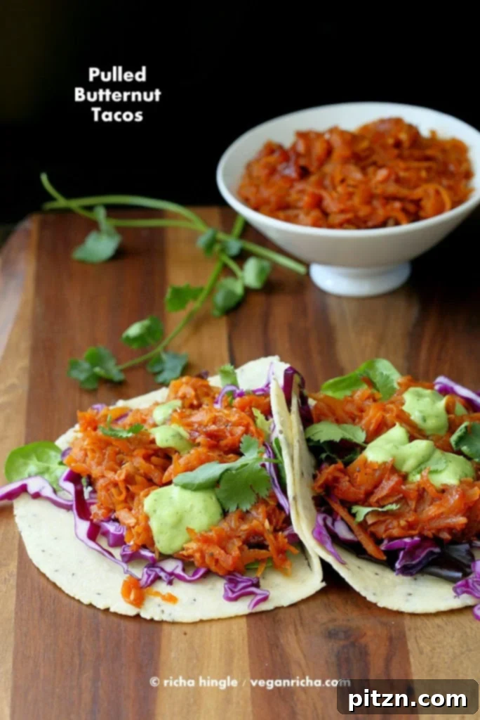 Delicious Pulled Butternut Squash Tacos, a flavorful vegan option from VeganRicha.com.